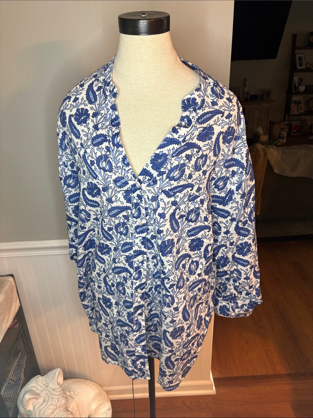 Blue and White Printed Women's Tunic Top